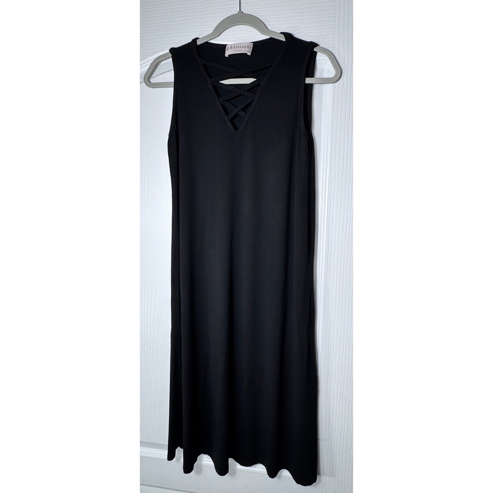 Philosophy Black Sleeveless V Neck Criss Cross Midi Dress Women's